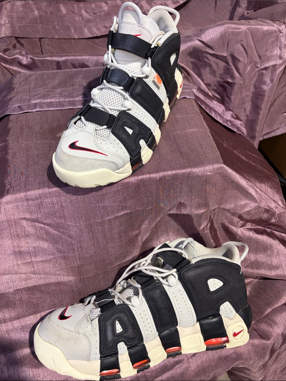 Nike  Black and White Uptempo Style Sneakers with Red Accents